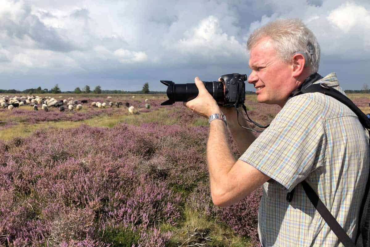 Deelnemer op paarse heide tijdens fotoweekend Drenthe Deelnemer op paarse heide tijdens fotoweekend Drenthe