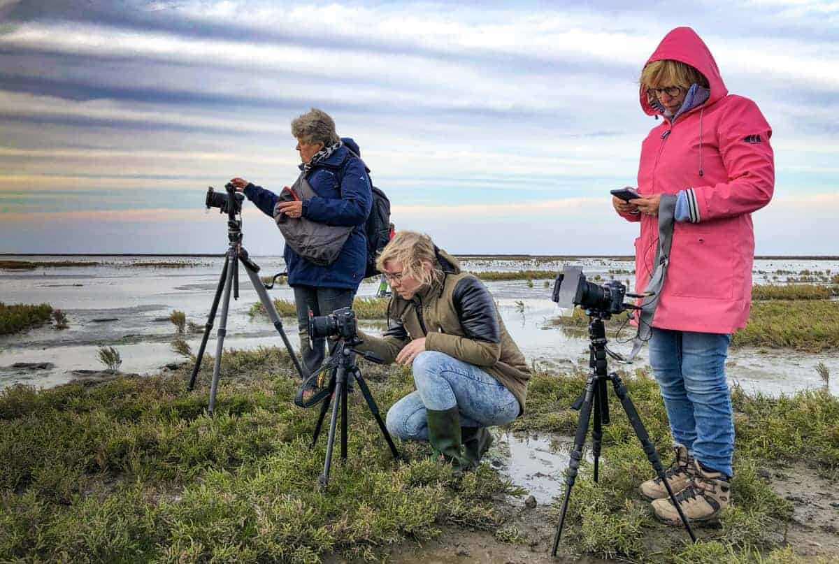 Fotoweekend Groninger Waddenkust Drie dames met statief op het wad_01 Fotoweekend Groninger Waddenkust Drie dames met statief op het wad