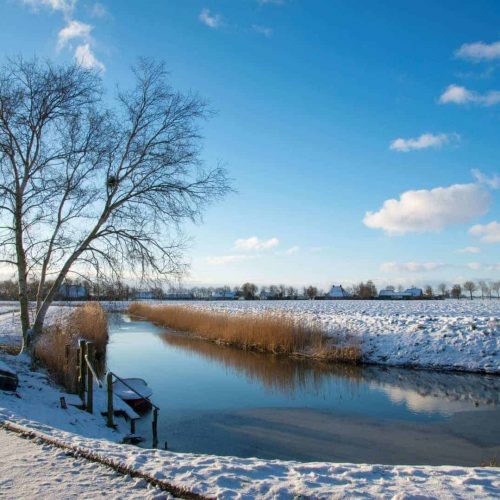 Winterlandschap bij Bierum met een watertje op de voorgrond.